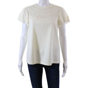 Lini Womens Short Sleeve Scoop Neck Embroidered Trim Top White Cotton Medium